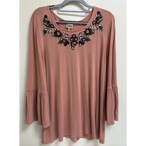 Como Vintage Embroidered Floral Bell Sleeve Top Pink Size M